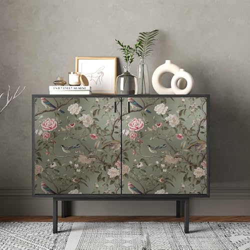 REDAMANCY Vintage Tea Green/Pink/White Floral Plants Birds Butterfly Peel and Stick Wallpaper Stick on Contact Paper Vintage Wall Paper Easy Peel Off for nightstand Drawer Cabinet Renter - Image 4