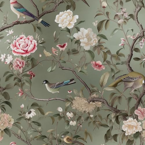 REDAMANCY Vintage Tea Green/Pink/White Floral Plants Birds Butterfly Peel and Stick Wallpaper Stick on Contact Paper Vintage Wall Paper Easy Peel Off for nightstand Drawer Cabinet Renter - Image 1