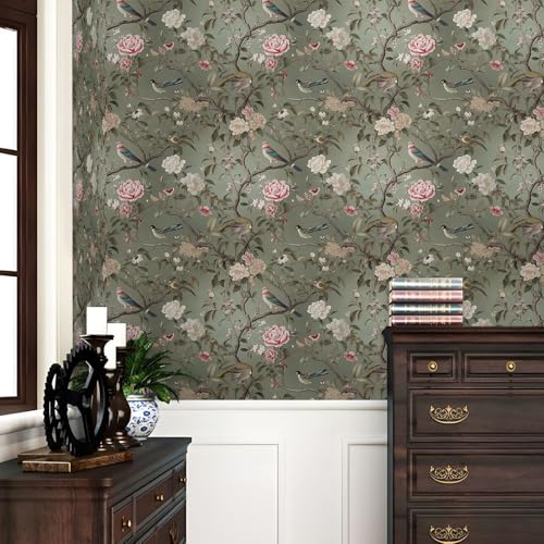 REDAMANCY Vintage Tea Green/Pink/White Floral Plants Birds Butterfly Peel and Stick Wallpaper Stick on Contact Paper Vintage Wall Paper Easy Peel Off for nightstand Drawer Cabinet Renter - Image 2