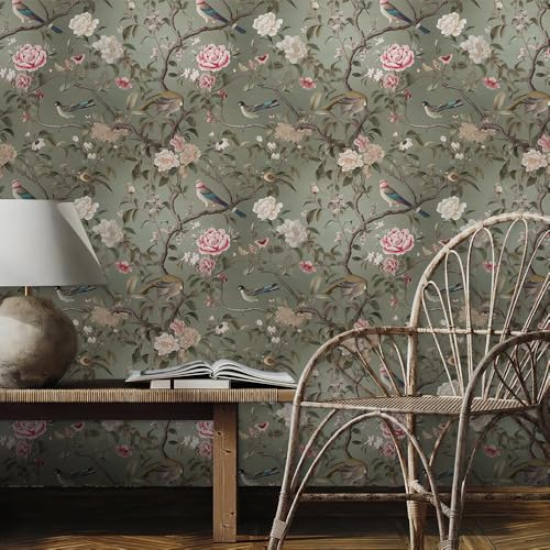 REDAMANCY Vintage Tea Green/Pink/White Floral Plants Birds Butterfly Peel and Stick Wallpaper Stick on Contact Paper Vintage Wall Paper Easy Peel Off for nightstand Drawer Cabinet Renter - Image 3