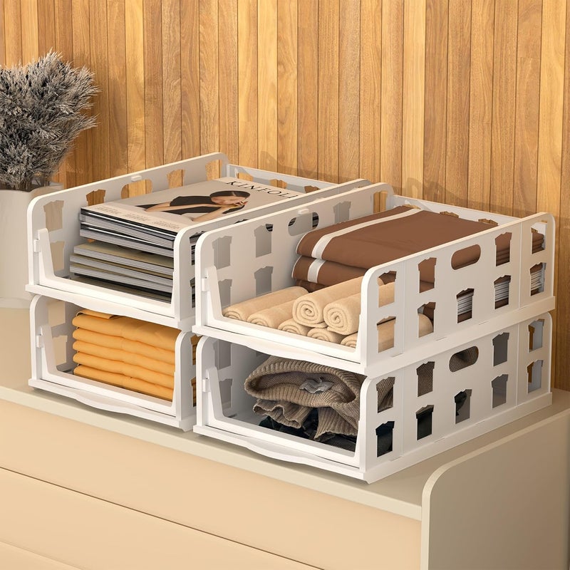 RUBOXA 4 Pcs Set Foldable Tshirt Jeans Dress Storage Organizer Slide Out Clothes Wardrobe Organizer Cloth Organiser for Almirah Cupboard Drawer Box Closet White - Image 1