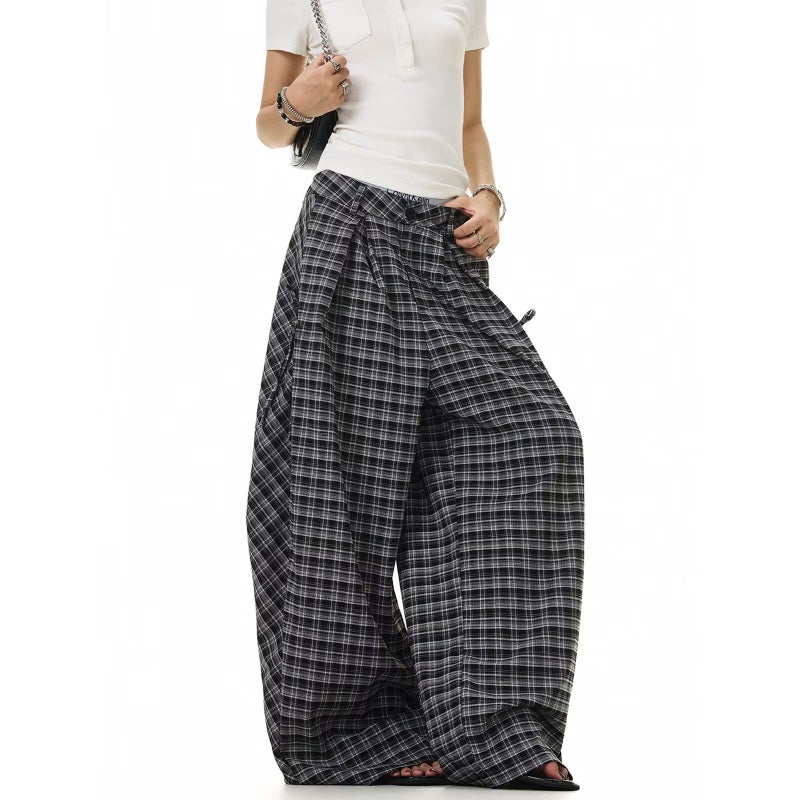 American Retro Plaid Casual Wide-Leg Pants for Women - Image 1
