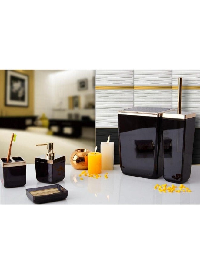بريمانوفا طقم حمام 5 قطع توكسانا من سلة سعة 6 لتر - موزع صابون سائل - حامل صابون - فرشاة تنظيف المرحاض - حامل فرشاة الأسنان ومعجون الأسنان-اسود مع الإطار ذهبي - Image 1