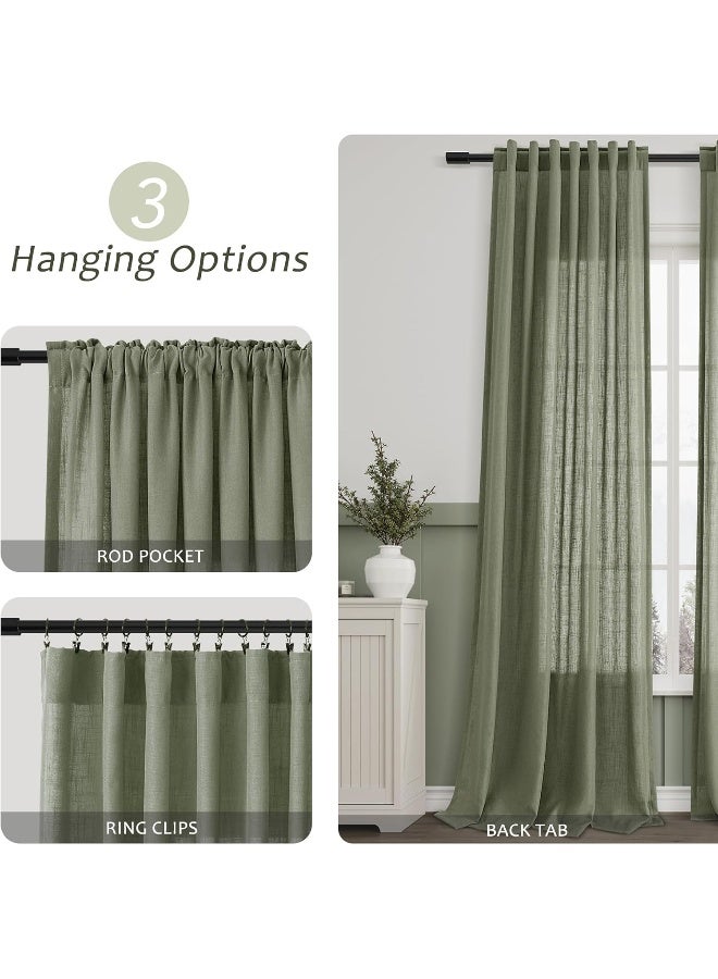 Aersas Linen Blend Green Curtains 84 Inches Long 2 Panels for Living Room Back Tab Pocket Light Filtering Sheer Privacy Olive Green Window Curtain Aesthetic Neutral Decor Muted Earthy Tone Drapery Bedroom - Image 3
