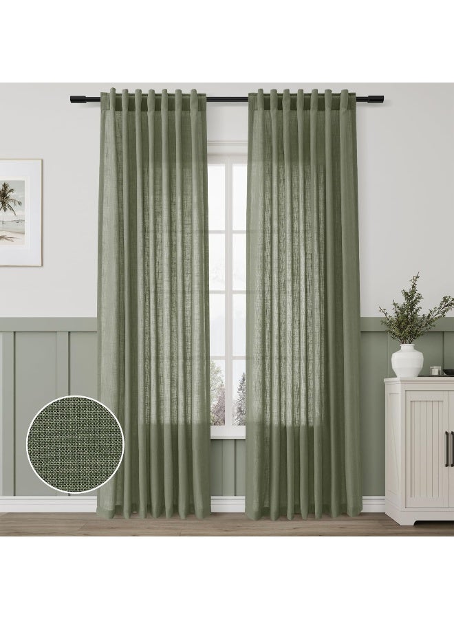 Aersas Linen Blend Green Curtains 84 Inches Long 2 Panels for Living Room Back Tab Pocket Light Filtering Sheer Privacy Olive Green Window Curtain Aesthetic Neutral Decor Muted Earthy Tone Drapery Bedroom - Image 1