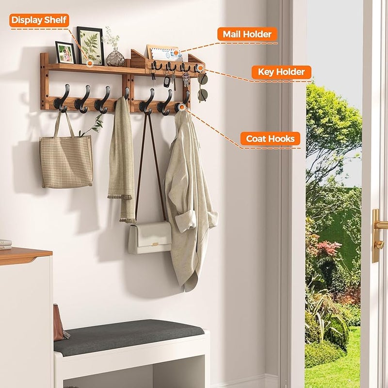 Evermagin 29 Coat Rack Wall Mount with Shelf, 4 in 1 Wall Mounted Coat and Key Hanger with 11 Hooks, Entryway Key Holder with Mail Holder for Living Room, Bedroom - Image 4