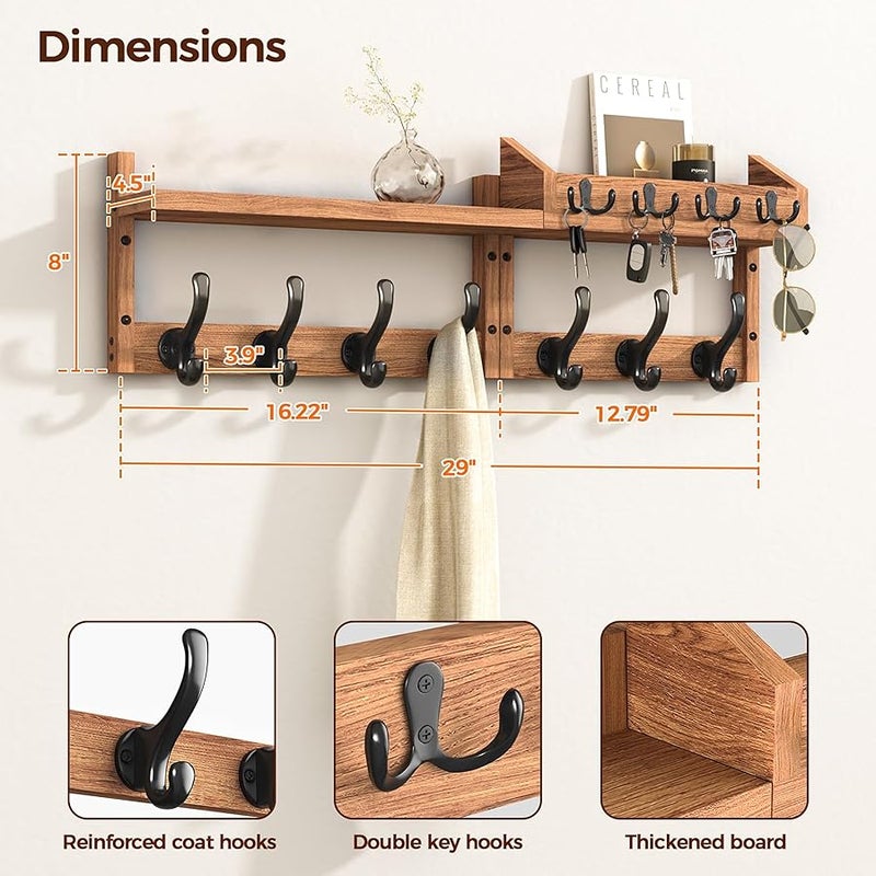 Evermagin 29 Coat Rack Wall Mount with Shelf, 4 in 1 Wall Mounted Coat and Key Hanger with 11 Hooks, Entryway Key Holder with Mail Holder for Living Room, Bedroom - Image 2