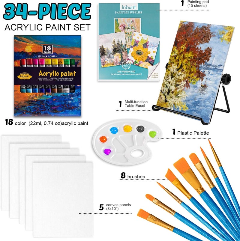 Inburit Art Paint Set for Kids, Painting Supplies Kit with 5 Canvas Panels, 8 Brushes, 18 Acrylic Paints, Multi-Function Table Easel, Etc, Premium Acrylic Paint Set for Students, Kids and Beginner. - Image 2