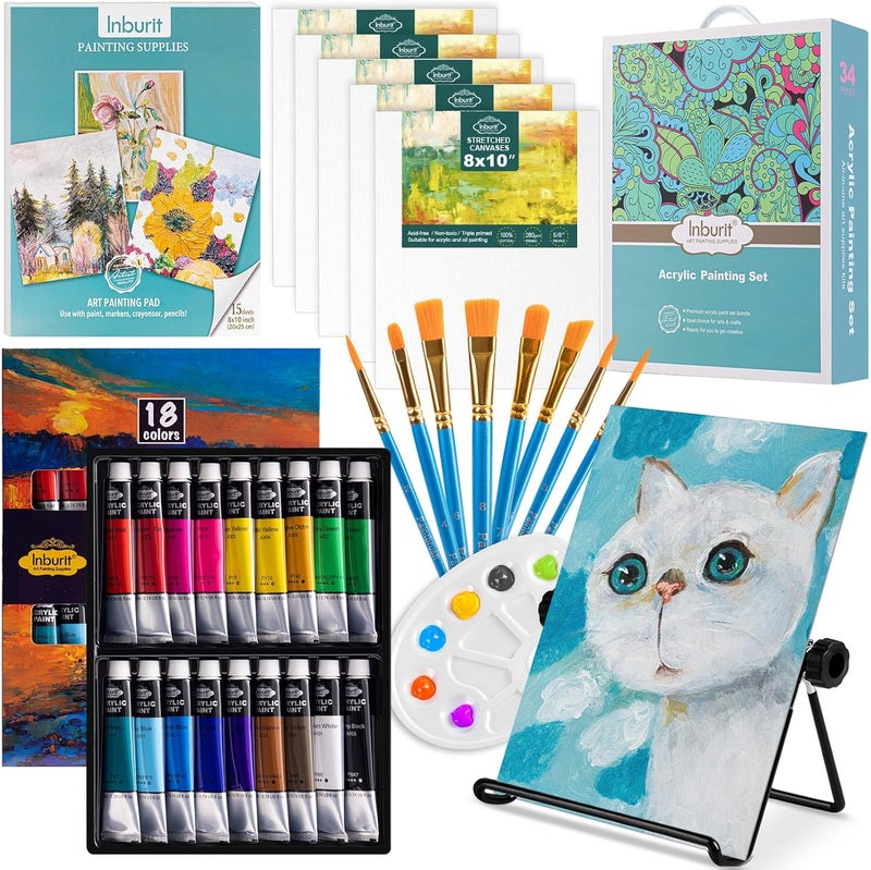 Inburit Art Paint Set for Kids, Painting Supplies Kit with 5 Canvas Panels, 8 Brushes, 18 Acrylic Paints, Multi-Function Table Easel, Etc, Premium Acrylic Paint Set for Students, Kids and Beginner. - Image 1