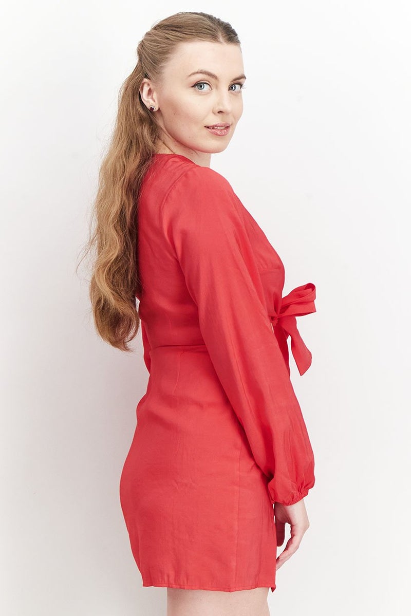 NA-KD فستان ميني بأكمام طويلة ثابتة للنساء، أحمر - Image 3