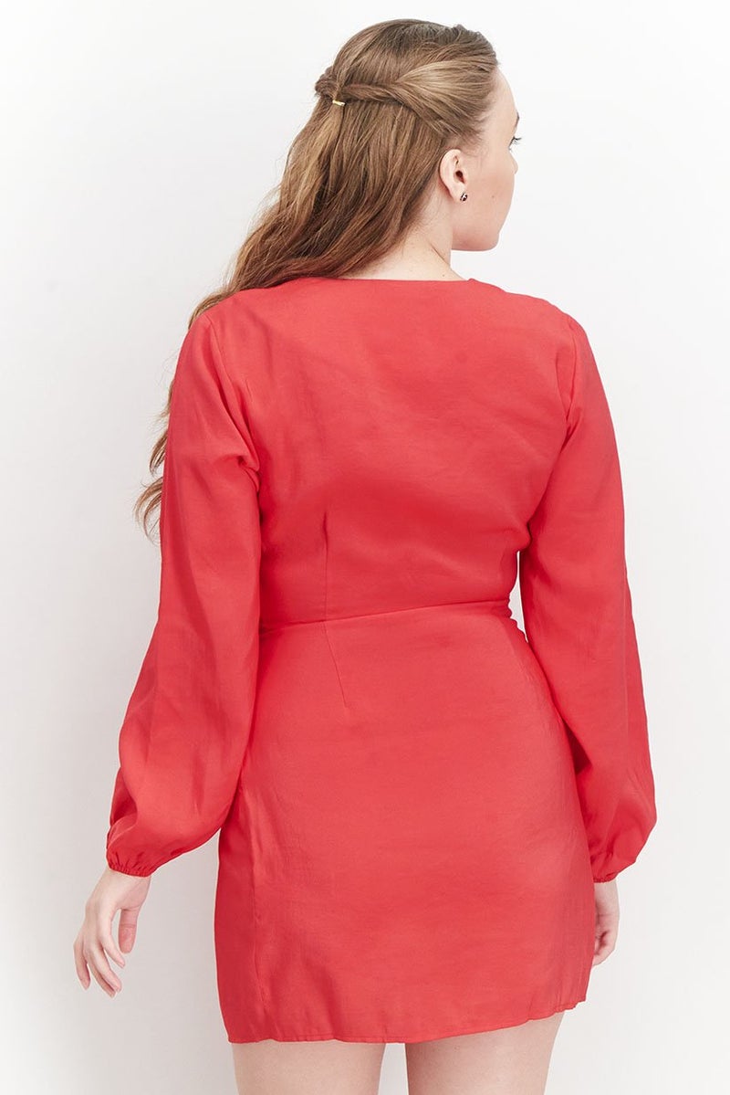 NA-KD فستان ميني بأكمام طويلة ثابتة للنساء، أحمر - Image 4