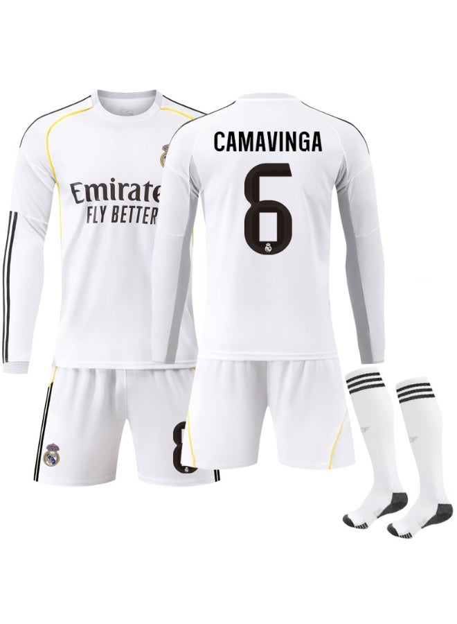 ريال مدريد 2025-2026 ريال مدريد المنزل لكرة القدم موحدة #6 كامافينغا بأكمام طويلة لكرة القدم جيرسي السراويل الجوارب مجموعة حجم الأطفال والكبار حجم الهدايا للجماهير والأصدقاء - Image 1