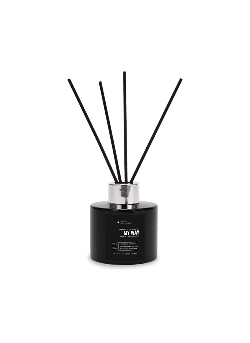 AROMA360 Hotel Collection  My Way Reed Diffuser Set  Hotel Inspired Luxury Essential Oil Reed Diffuser  Leather Sandalwood and Amber 34 fl oz 100 mL 