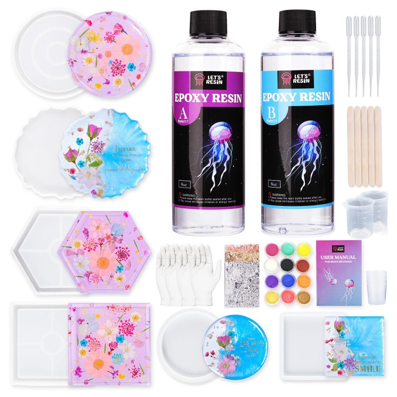 LET'S RESIN Coaster Kit, 16oz DIY Epoxy Resin Kit with Molds and Mica Powder Complete Set, Crafts for Adults, Beginners, Ideal Starter DIY Art Supplies Gift Set for Adults - Image 1