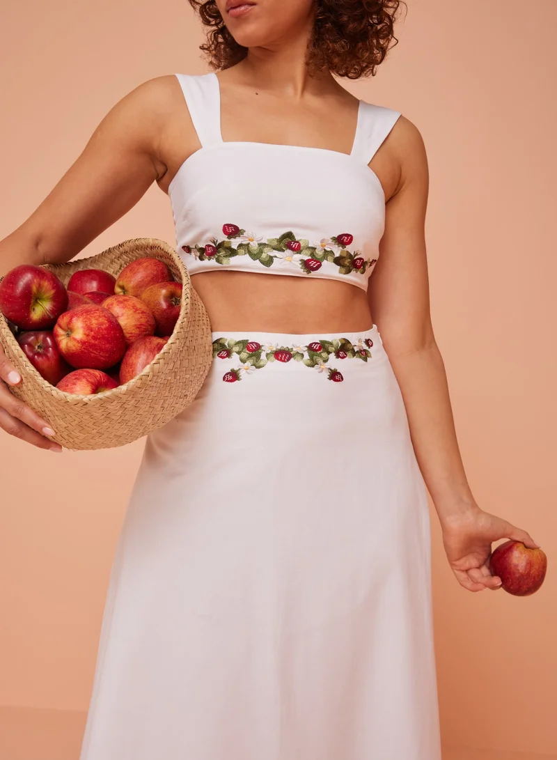 Ashita Fernandes Embroidered Strawberry Linen-Blend Square Neck Crop Top