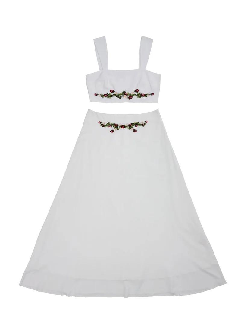 Ashita Fernandes Embroidered Strawberry Linen-Blend Square Neck Crop Top