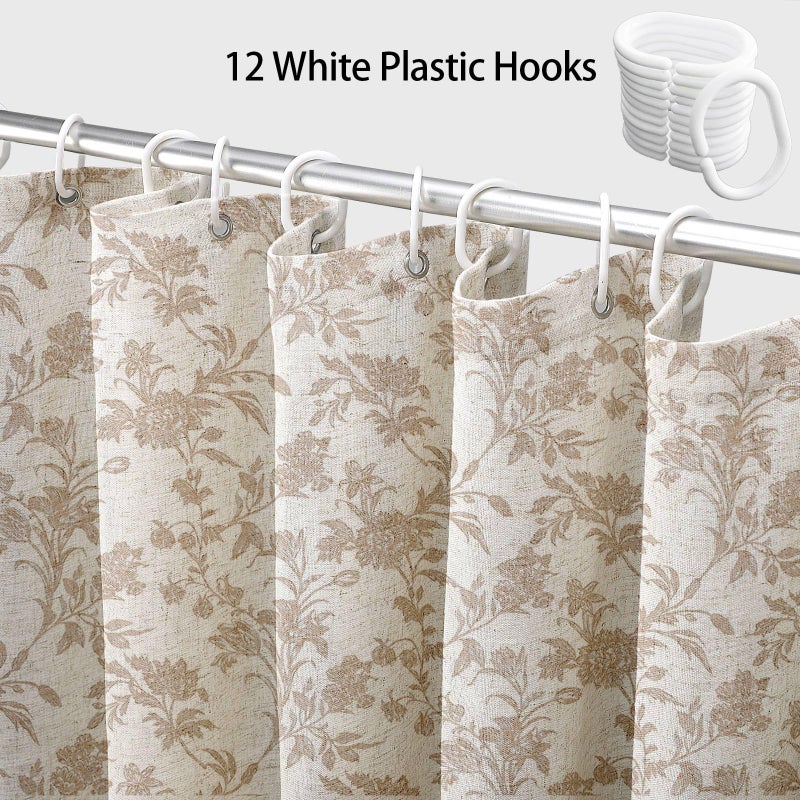 WOUVMA Extra Long Beige Shower Curtain Floral Cotton Linen Cottagecore Shower Curtain for Bathroom 84" L x 72" W - Image 3