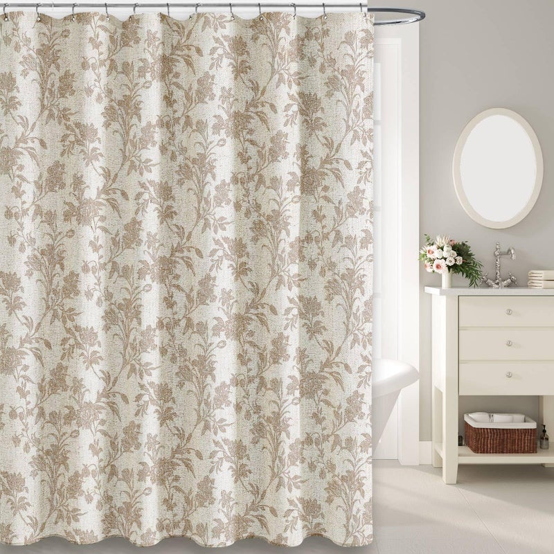 WOUVMA Extra Long Beige Shower Curtain Floral Cotton Linen Cottagecore Shower Curtain for Bathroom 84" L x 72" W - Image 4