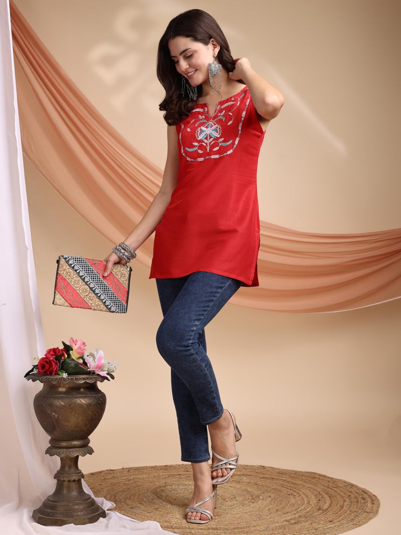 EthnicJunction Women's Red Cotton Silk Yoke Embroidery Shoulder Rakhi Special Short Kurti| Summer Kurti | Top for Office | Women's Tunics Tops | Summer Kurti | Short Kurti Women - Image 5