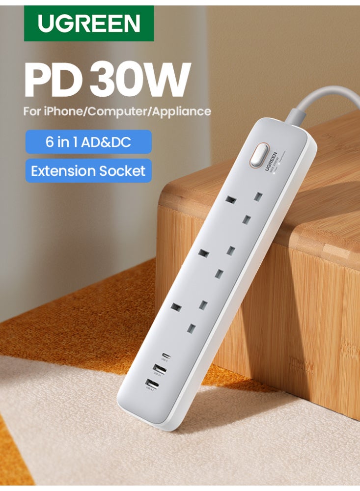 Ugreen Power Strip Extension With PD 30W 2A1C USB Ports【Smart Chip Bulit in】 Surge & Over Heat & Overcurrent Protection Power Socket Cord 3AC Power Outlets Universal Extension Plug With 2M Extension Cord - Image 1
