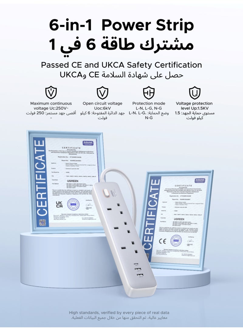 Ugreen Power Strip Extension With PD 30W 2A1C USB Ports【Smart Chip Bulit in】 Surge & Over Heat & Overcurrent Protection Power Socket Cord 3AC Power Outlets Universal Extension Plug With 2M Extension Cord - Image 2