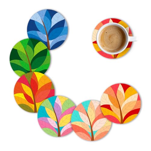 Brizberry® Brizcoast Premium Designer Round Leaf Printed Beautiful Wooden Coasters Fit for Tea Cups, Coffee Mugs and Glasses 12 8 (3.5X3.5 Inch) Design 5 (Set of 6) - Image 1
