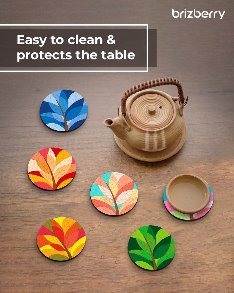 Brizberry® Brizcoast Premium Designer Round Leaf Printed Beautiful Wooden Coasters Fit for Tea Cups, Coffee Mugs and Glasses 12 8 (3.5X3.5 Inch) Design 5 (Set of 6) - Image 4