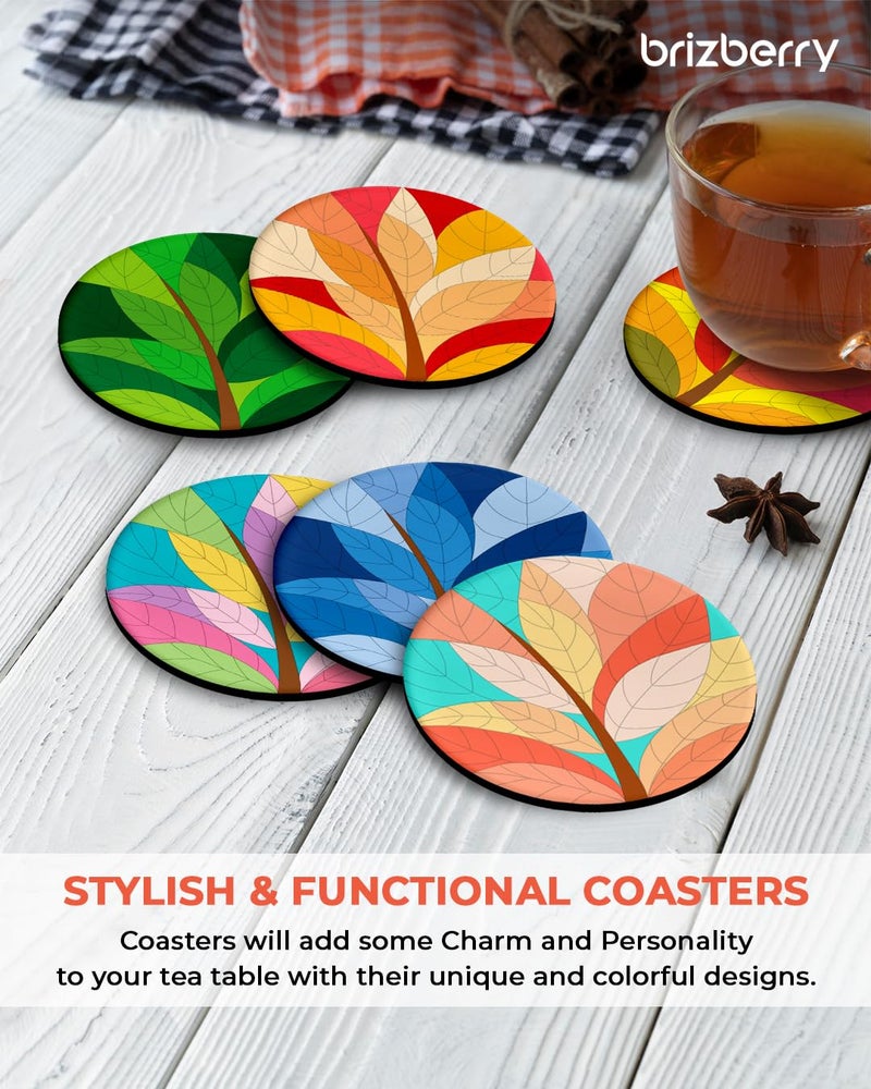 Brizberry® Brizcoast Premium Designer Round Leaf Printed Beautiful Wooden Coasters Fit for Tea Cups, Coffee Mugs and Glasses 12 8 (3.5X3.5 Inch) Design 5 (Set of 6) - Image 5