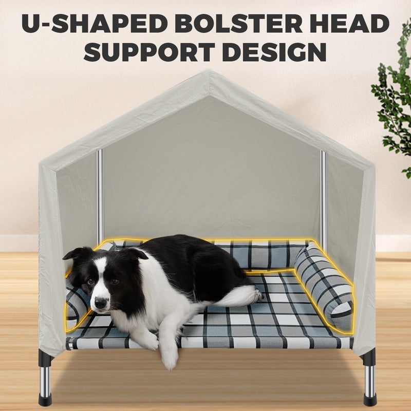 Caghash Elevated Dog Pet Bed House - Weatherproof 2-in-1 Indoor Outdoor Pet Cot with Canopy & Bolster Cooling Portable Raised Dog Bed with Pillow for Camping Beach - Image 2