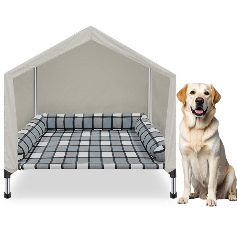 Caghash Elevated Dog Pet Bed House - Weatherproof 2-in-1 Indoor Outdoor Pet Cot with Canopy & Bolster Cooling Portable Raised Dog Bed with Pillow for Camping Beach - Image 1