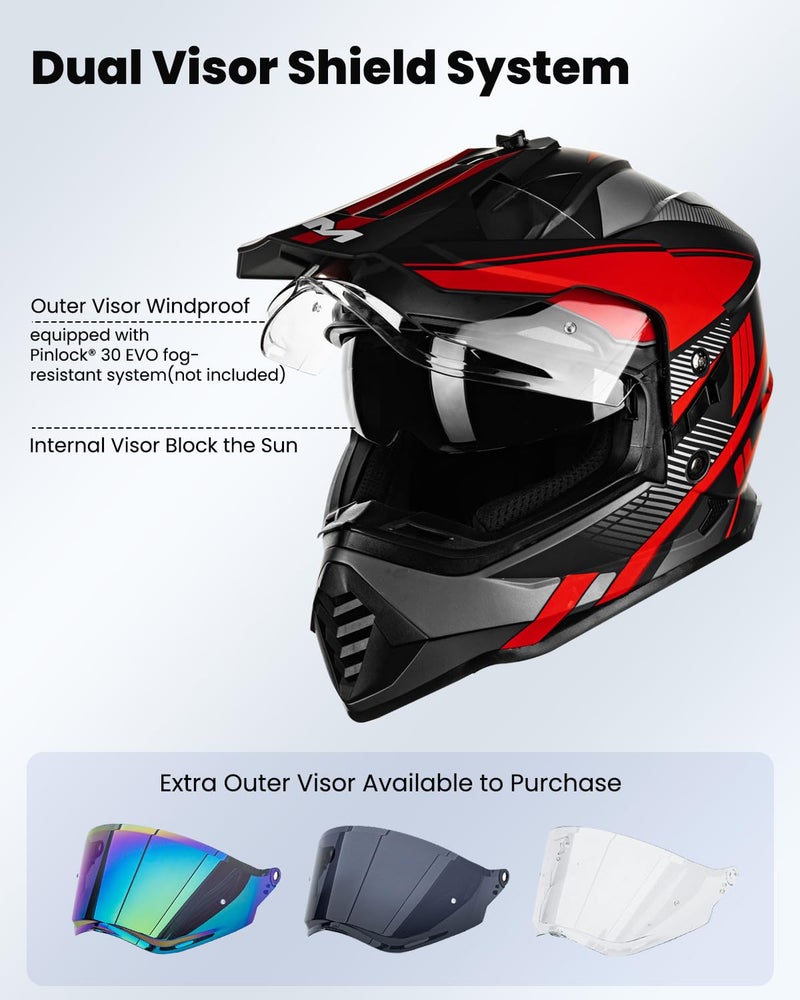 ILM Dual Sport Adventure Motorcycle Helmet with Pinlock Compatible Sun Visor Snowmobile ATV Dirt Bike Off Road Casco Model WS902 RedBlack Small - Image 3