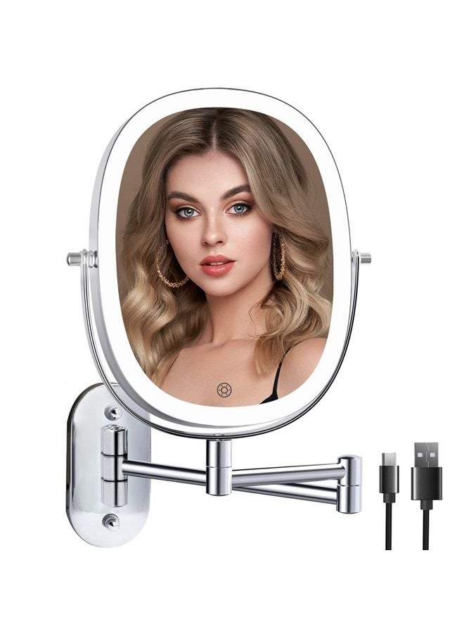 FUNTOUCH - Rechargeable Lighted Wall Mounted Makeup Mirror, Double Sided 1X/7X Magnifying Mirror, 3 Lighting Option Dimmable, Extension Foldable Arm, Oval Frame Wall Mounted Mirror for Bathroom - Image 1