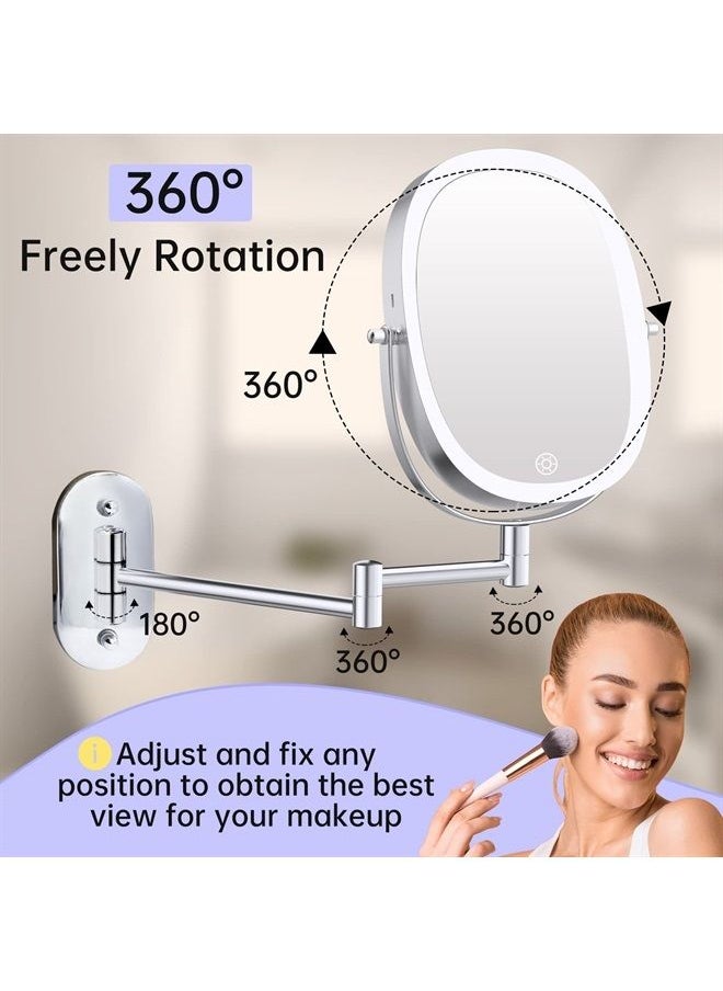 FUNTOUCH - Rechargeable Lighted Wall Mounted Makeup Mirror, Double Sided 1X/7X Magnifying Mirror, 3 Lighting Option Dimmable, Extension Foldable Arm, Oval Frame Wall Mounted Mirror for Bathroom - Image 1