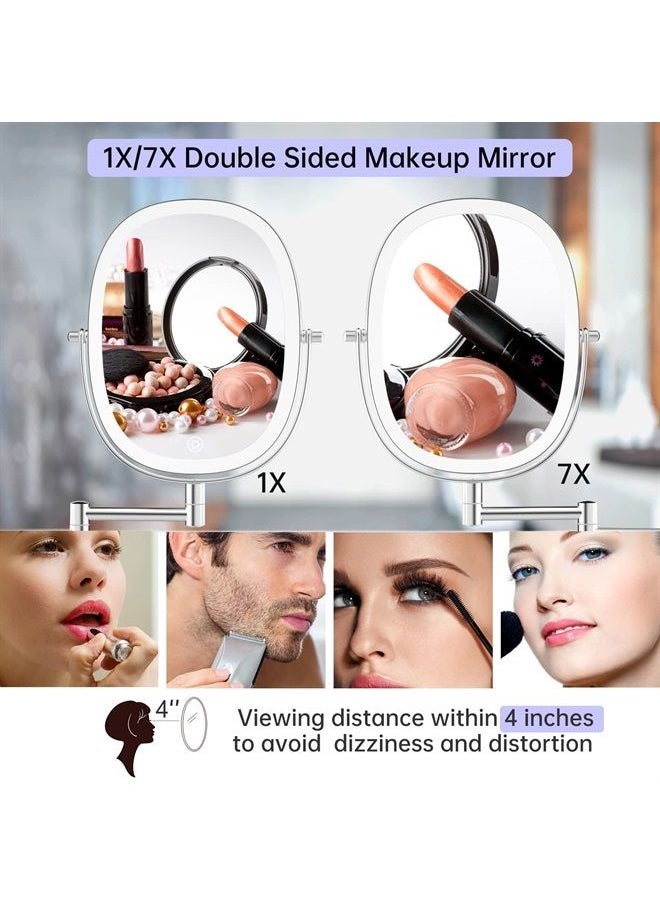FUNTOUCH - Rechargeable Lighted Wall Mounted Makeup Mirror, Double Sided 1X/7X Magnifying Mirror, 3 Lighting Option Dimmable, Extension Foldable Arm, Oval Frame Wall Mounted Mirror for Bathroom - Image 1