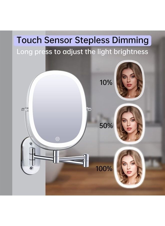 FUNTOUCH - Rechargeable Lighted Wall Mounted Makeup Mirror, Double Sided 1X/7X Magnifying Mirror, 3 Lighting Option Dimmable, Extension Foldable Arm, Oval Frame Wall Mounted Mirror for Bathroom - Image 1