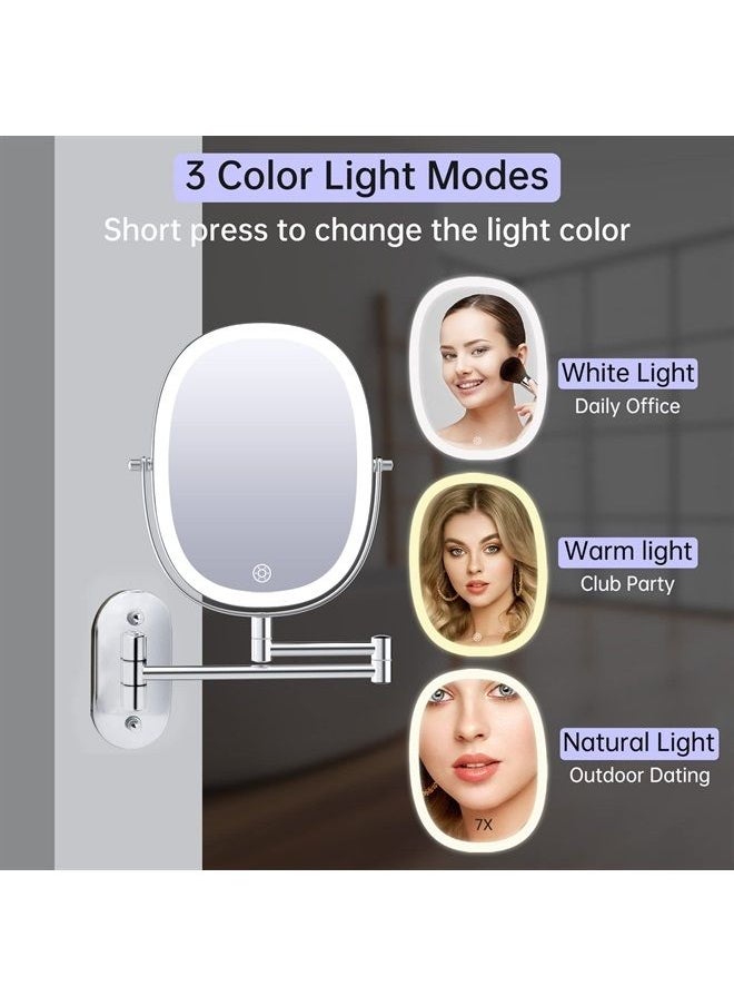FUNTOUCH - Rechargeable Lighted Wall Mounted Makeup Mirror, Double Sided 1X/7X Magnifying Mirror, 3 Lighting Option Dimmable, Extension Foldable Arm, Oval Frame Wall Mounted Mirror for Bathroom - Image 1