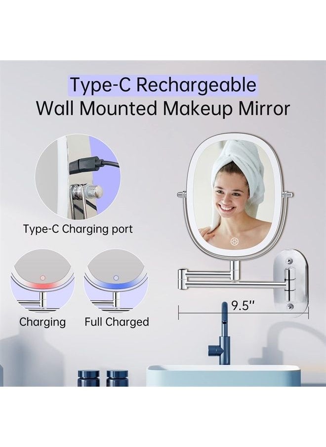 FUNTOUCH - Rechargeable Lighted Wall Mounted Makeup Mirror, Double Sided 1X/7X Magnifying Mirror, 3 Lighting Option Dimmable, Extension Foldable Arm, Oval Frame Wall Mounted Mirror for Bathroom - Image 1