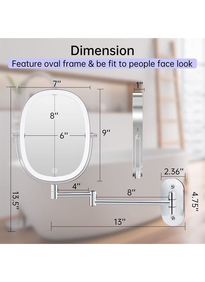 FUNTOUCH - Rechargeable Lighted Wall Mounted Makeup Mirror, Double Sided 1X/7X Magnifying Mirror, 3 Lighting Option Dimmable, Extension Foldable Arm, Oval Frame Wall Mounted Mirror for Bathroom - Image 1