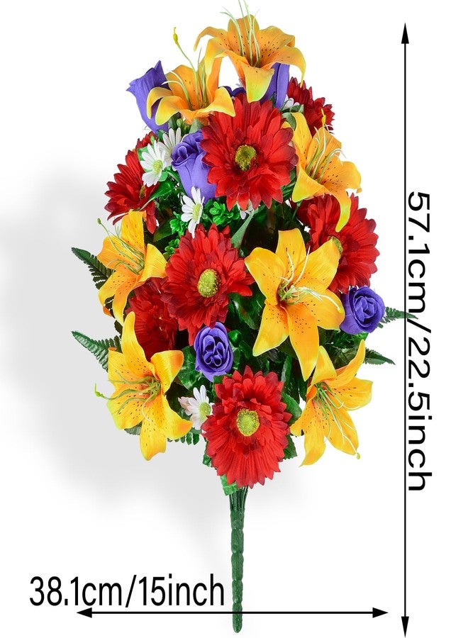 XONOR Artificial Cemetery Flower for Graves, Set of 2 Cemetery Memorial Flowers with Vase for Gravesite Outdoor Headstone Tombstone Decorations, Artificial Lily Rose Gerbera Flowers Bouquets - Image 2
