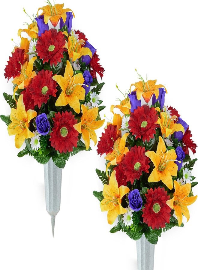 XONOR Artificial Cemetery Flower for Graves, Set of 2 Cemetery Memorial Flowers with Vase for Gravesite Outdoor Headstone Tombstone Decorations, Artificial Lily Rose Gerbera Flowers Bouquets - Image 1