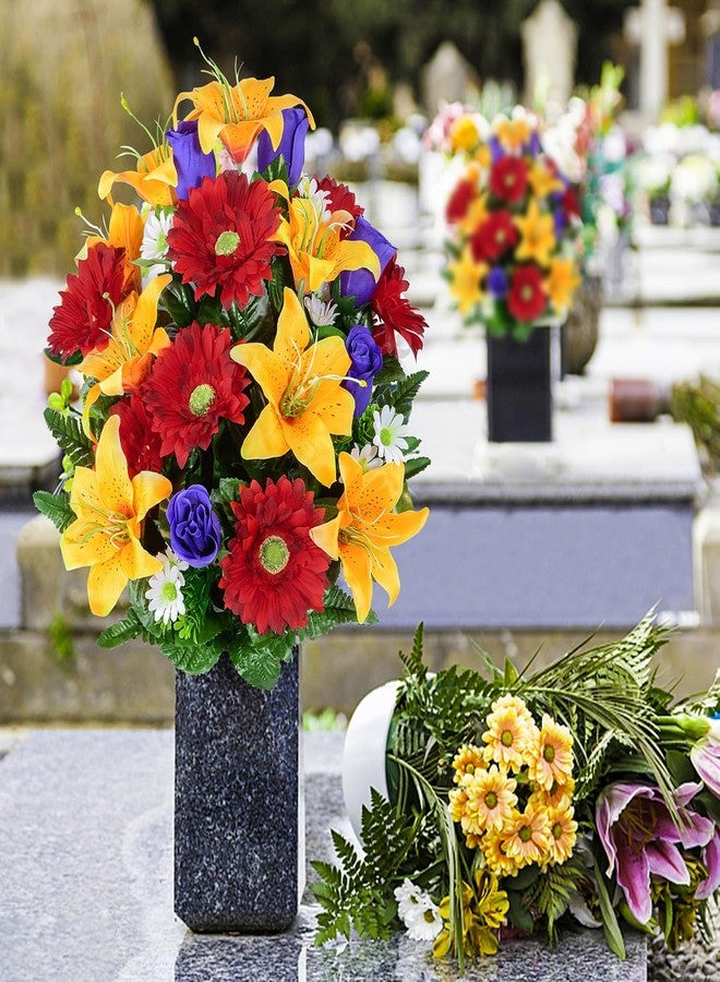 XONOR Artificial Cemetery Flower for Graves, Set of 2 Cemetery Memorial Flowers with Vase for Gravesite Outdoor Headstone Tombstone Decorations, Artificial Lily Rose Gerbera Flowers Bouquets - Image 4
