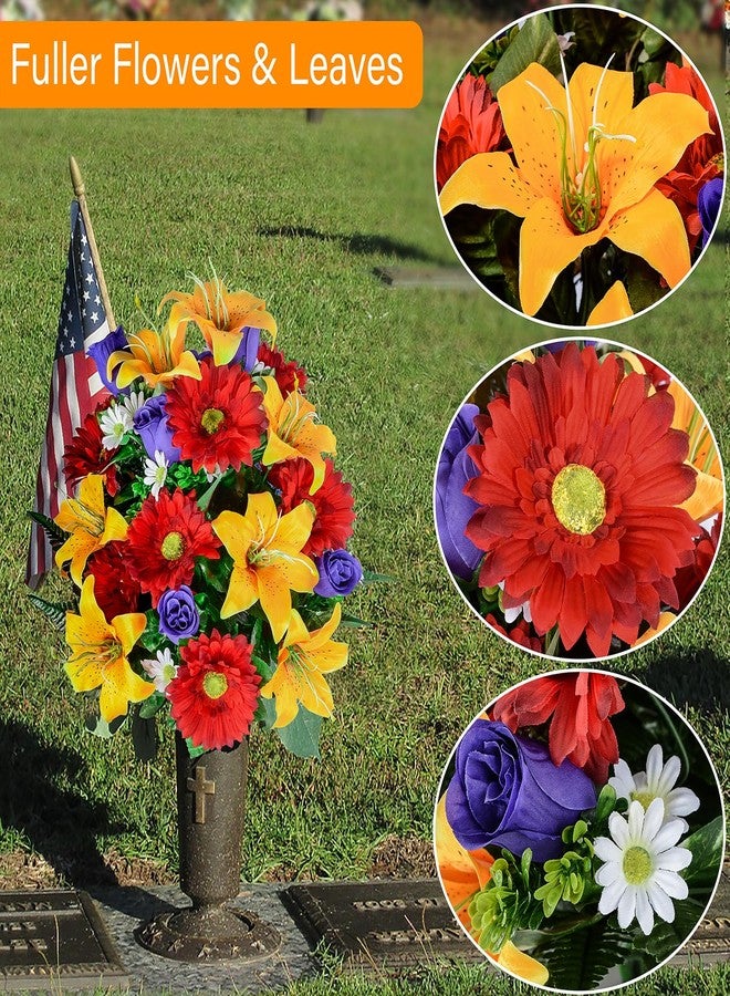 XONOR Artificial Cemetery Flower for Graves, Set of 2 Cemetery Memorial Flowers with Vase for Gravesite Outdoor Headstone Tombstone Decorations, Artificial Lily Rose Gerbera Flowers Bouquets - Image 3
