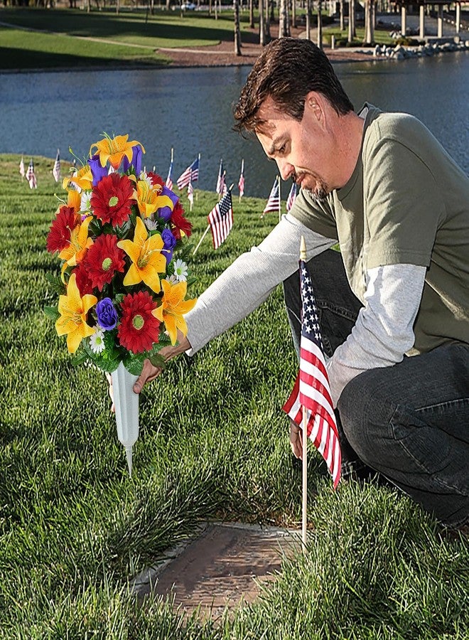 XONOR Artificial Cemetery Flower for Graves, Set of 2 Cemetery Memorial Flowers with Vase for Gravesite Outdoor Headstone Tombstone Decorations, Artificial Lily Rose Gerbera Flowers Bouquets - Image 5