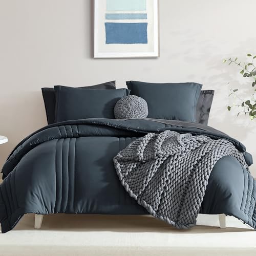 Monbix Full Size Comforter Set - 7 Pieces Blue Grey Bed in a Bag Full Size Bedding Sets with Comforters, All Seasons Comforter with Sheets,Pillowcases & Shams - Image 1