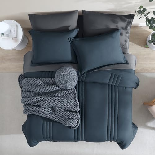 Monbix Full Size Comforter Set - 7 Pieces Blue Grey Bed in a Bag Full Size Bedding Sets with Comforters, All Seasons Comforter with Sheets,Pillowcases & Shams - Image 2
