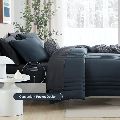 Monbix Full Size Comforter Set - 7 Pieces Blue Grey Bed in a Bag Full Size Bedding Sets with Comforters, All Seasons Comforter with Sheets,Pillowcases & Shams - Image 3