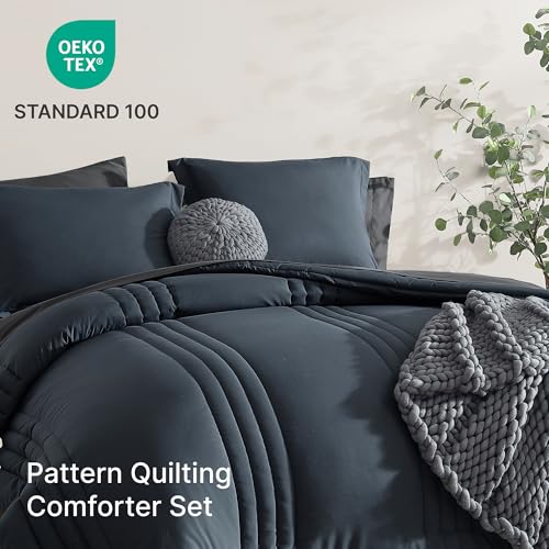 Monbix Full Size Comforter Set - 7 Pieces Blue Grey Bed in a Bag Full Size Bedding Sets with Comforters, All Seasons Comforter with Sheets,Pillowcases & Shams - Image 4