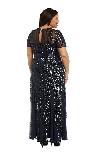 R&M Richards Women's Sequin Embellished Dress W/Flowing Panel Skirt - Short Sleeve Gown for Special Occasions Navy - Image 3