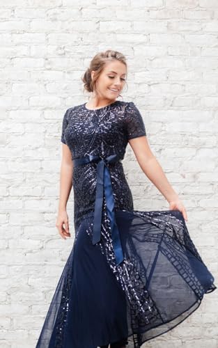 R&M Richards Women's Sequin Embellished Dress W/Flowing Panel Skirt - Short Sleeve Gown for Special Occasions Navy - Image 2