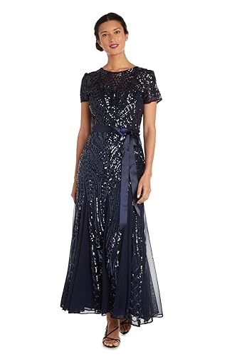 R&M Richards Women's Sequin Embellished Dress W/Flowing Panel Skirt - Short Sleeve Gown for Special Occasions Navy - Image 5